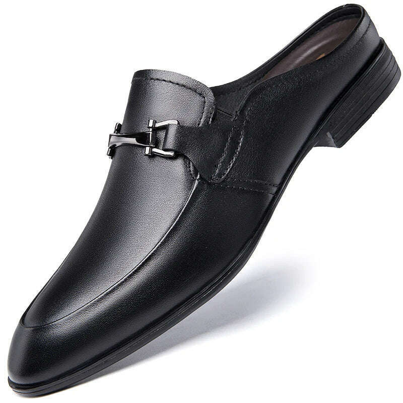Men's First Layer Cowhide Genuine Leather Mules Male Summer Fashion Casual Breathable Comfy Sandals Open Back Low-heel Slipper - KIMLUD