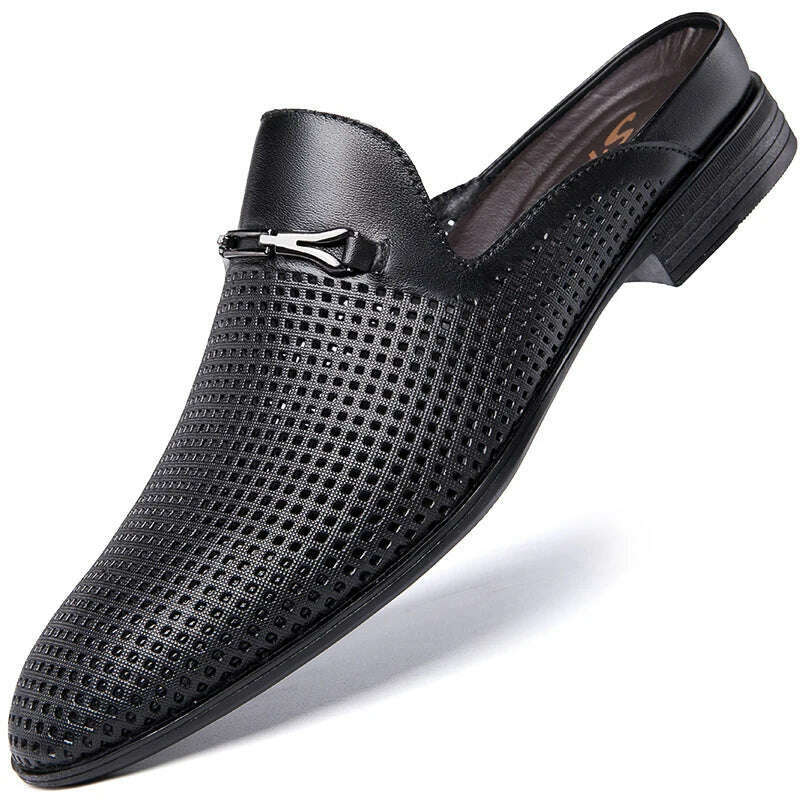 Men's First Layer Cowhide Genuine Leather Mules Male Summer Fashion Casual Breathable Comfy Sandals Open Back Low-heel Slipper - KIMLUD