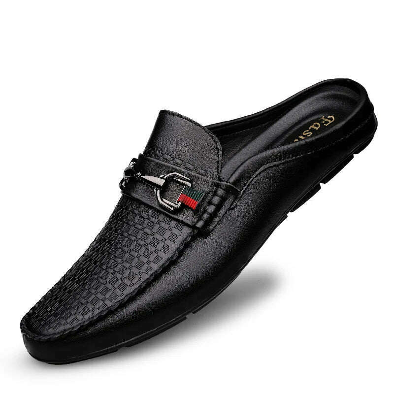 Men's First Layer Cowhide Genuine Leather Mules Male Summer Fashion Casual Breathable Comfy Sandals Open Back Low-heel Slipper - KIMLUD