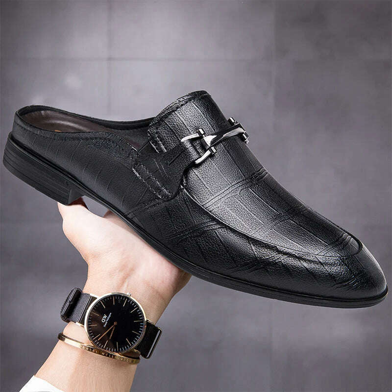 Men's First Layer Cowhide Genuine Leather Mules Male Summer Fashion Casual Breathable Comfy Sandals Open Back Low-heel Slipper - KIMLUD