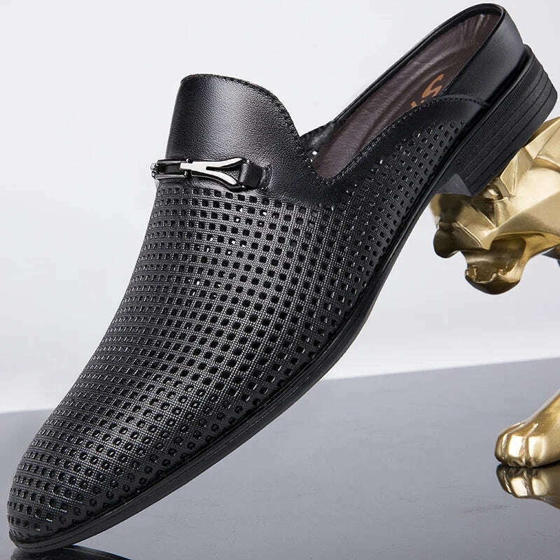 Men's First Layer Cowhide Genuine Leather Mules Male Summer Fashion Casual Breathable Comfy Sandals Open Back Low-heel Slipper - KIMLUD