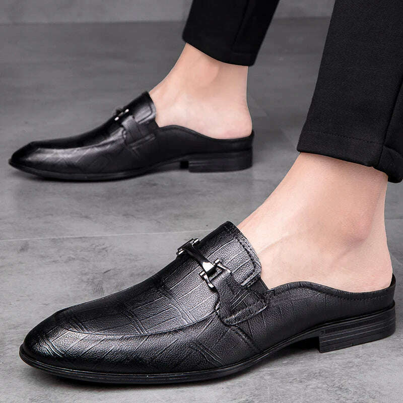 Men's First Layer Cowhide Genuine Leather Mules Male Summer Fashion Casual Breathable Comfy Sandals Open Back Low-heel Slipper - KIMLUD