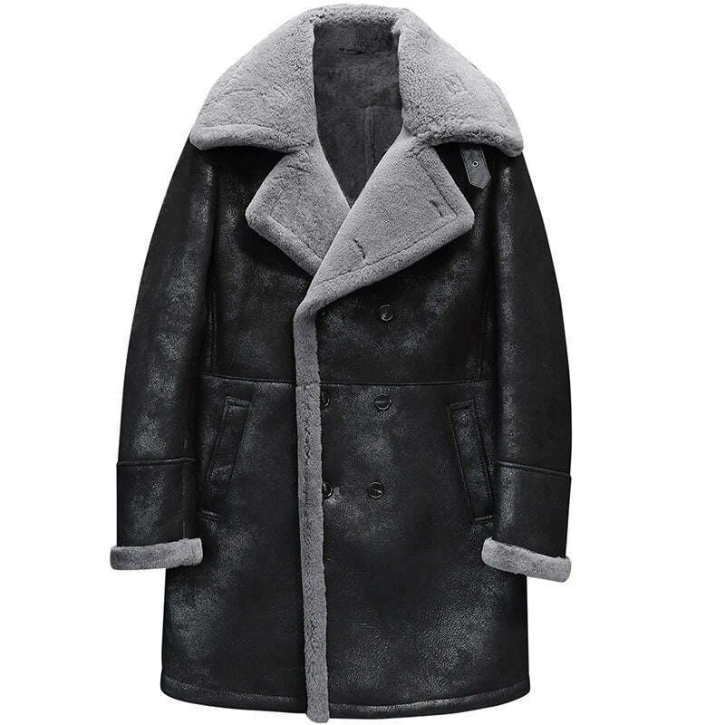KIMLUD, Men's Fur Shearling Sheepskin Genuine Leather Long Coat Jacket Mans B3 Bomber Coat Aviator Coat Outerwear Trench Flight Jacket, KIMLUD Womens Clothes
