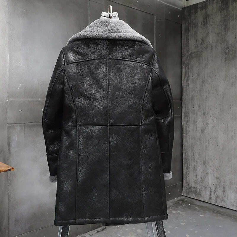 Men's Fur Shearling Sheepskin Genuine Leather Long Coat Jacket Mans B3 Bomber Coat Aviator Coat Outerwear Trench Flight Jacket, KIMLUD Women's Clothes
