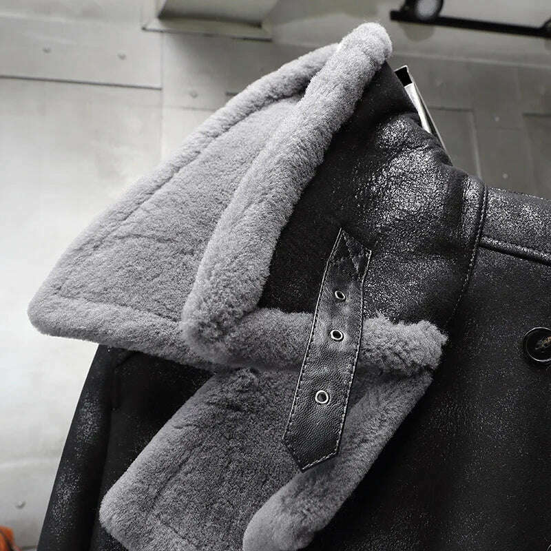 KIMLUD, Men's Fur Shearling Sheepskin Genuine Leather Long Coat Jacket Mans B3 Bomber Coat Aviator Coat Outerwear Trench Flight Jacket, KIMLUD Women's Clothes