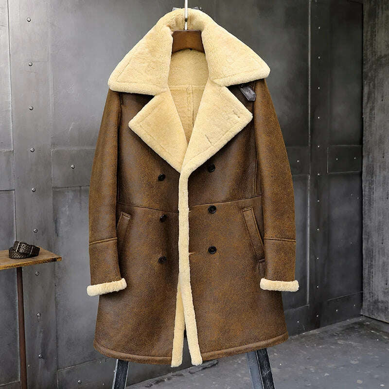 KIMLUD, Men's Fur Shearling Sheepskin Genuine Leather Long Coat Jacket Mans B3 Bomber Coat Aviator Coat Outerwear Trench Flight Jacket, Brown / M, KIMLUD Women's Clothes