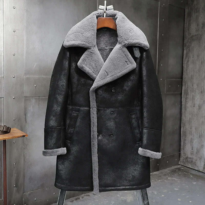 KIMLUD, Men's Fur Shearling Sheepskin Genuine Leather Long Coat Jacket Mans B3 Bomber Coat Aviator Coat Outerwear Trench Flight Jacket, Dark Grey / M, KIMLUD Women's Clothes