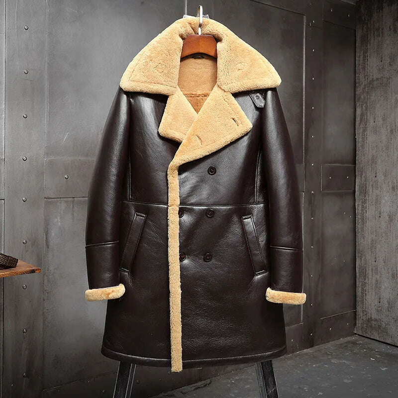 KIMLUD, Men's Fur Shearling Sheepskin Genuine Leather Long Coat Jacket Mans B3 Bomber Coat Aviator Coat Outerwear Trench Flight Jacket, Burgundy / M, KIMLUD Womens Clothes