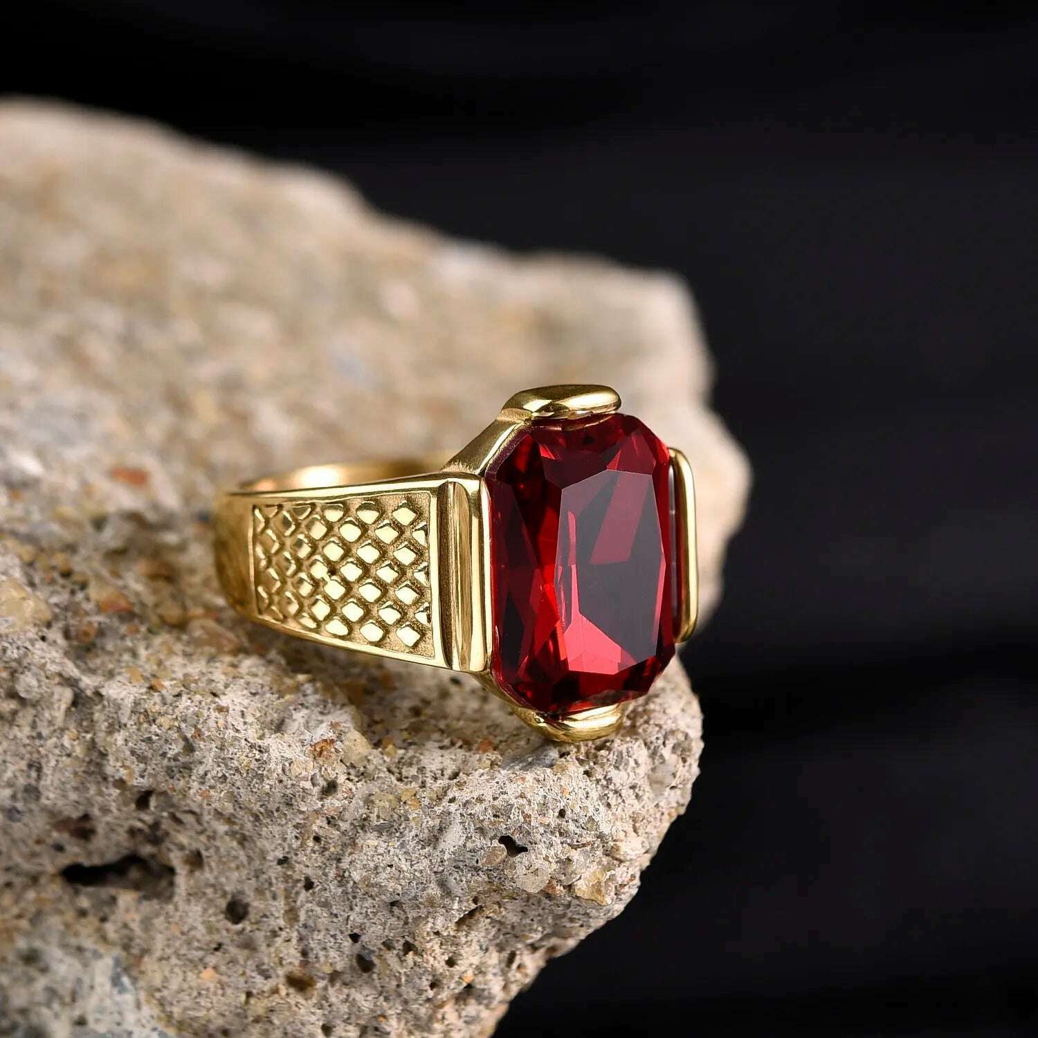 KIMLUD, Men's High Quality Vintage Stainless Steel Gemstone Styles 18K Gold Plated Ring Jewelry Professional Factory Made, Red / 9, KIMLUD APPAREL - Womens Clothes