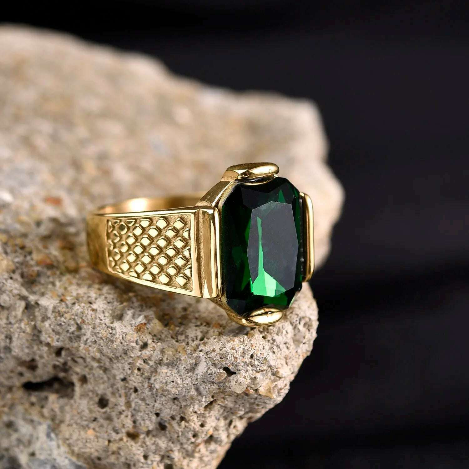 KIMLUD, Men's High Quality Vintage Stainless Steel Gemstone Styles 18K Gold Plated Ring Jewelry Professional Factory Made, Green / 8, KIMLUD APPAREL - Womens Clothes