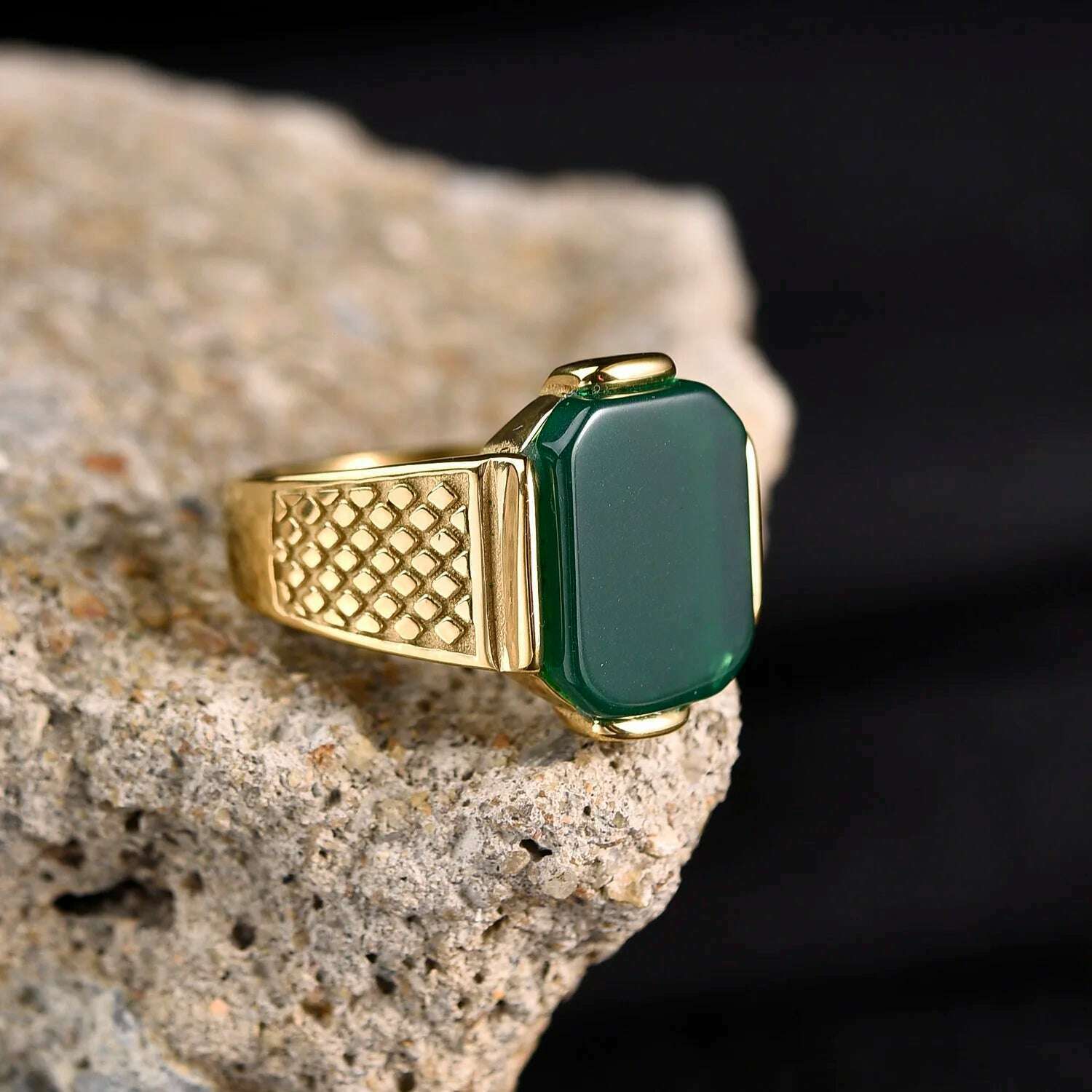 KIMLUD, Men's High Quality Vintage Stainless Steel Gemstone Styles 18K Gold Plated Ring Jewelry Professional Factory Made, Green Onyx / 8, KIMLUD Womens Clothes