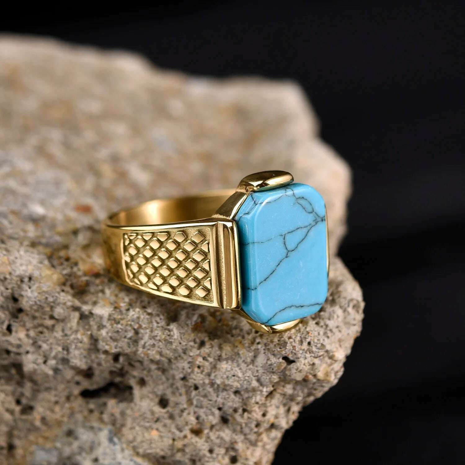 Men's High Quality Vintage Stainless Steel Gemstone Styles 18K Gold Plated Ring Jewelry Professional Factory Made, Turquoise / 8, KIMLUD Women's Clothes