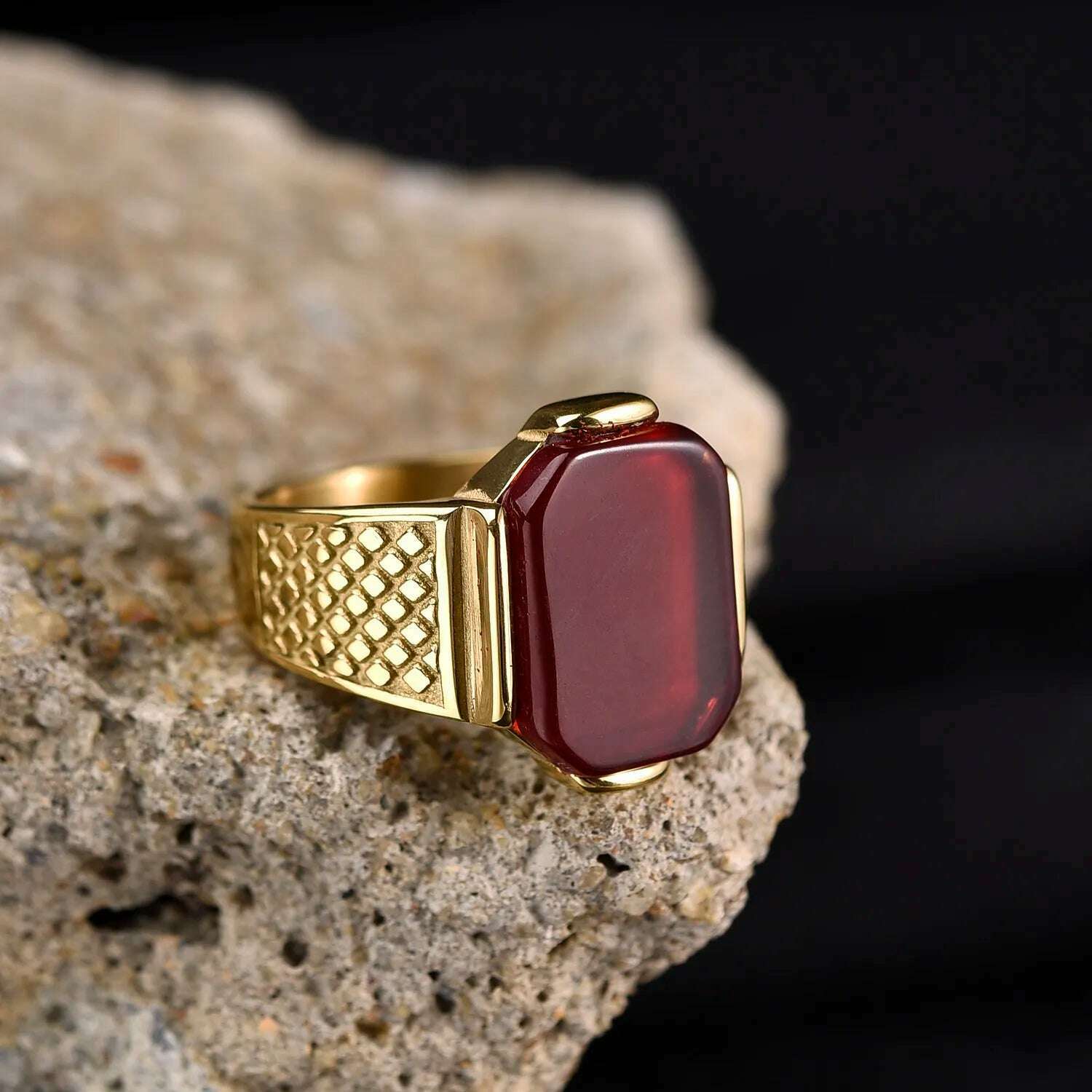 KIMLUD, Men's High Quality Vintage Stainless Steel Gemstone Styles 18K Gold Plated Ring Jewelry Professional Factory Made, Red Onyx / 8, KIMLUD Womens Clothes