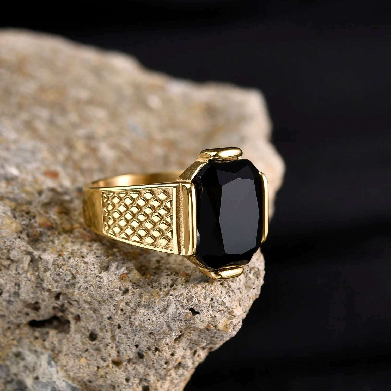 KIMLUD, Men's High Quality Vintage Stainless Steel Gemstone Styles 18K Gold Plated Ring Jewelry Professional Factory Made, Black / 8, KIMLUD Womens Clothes