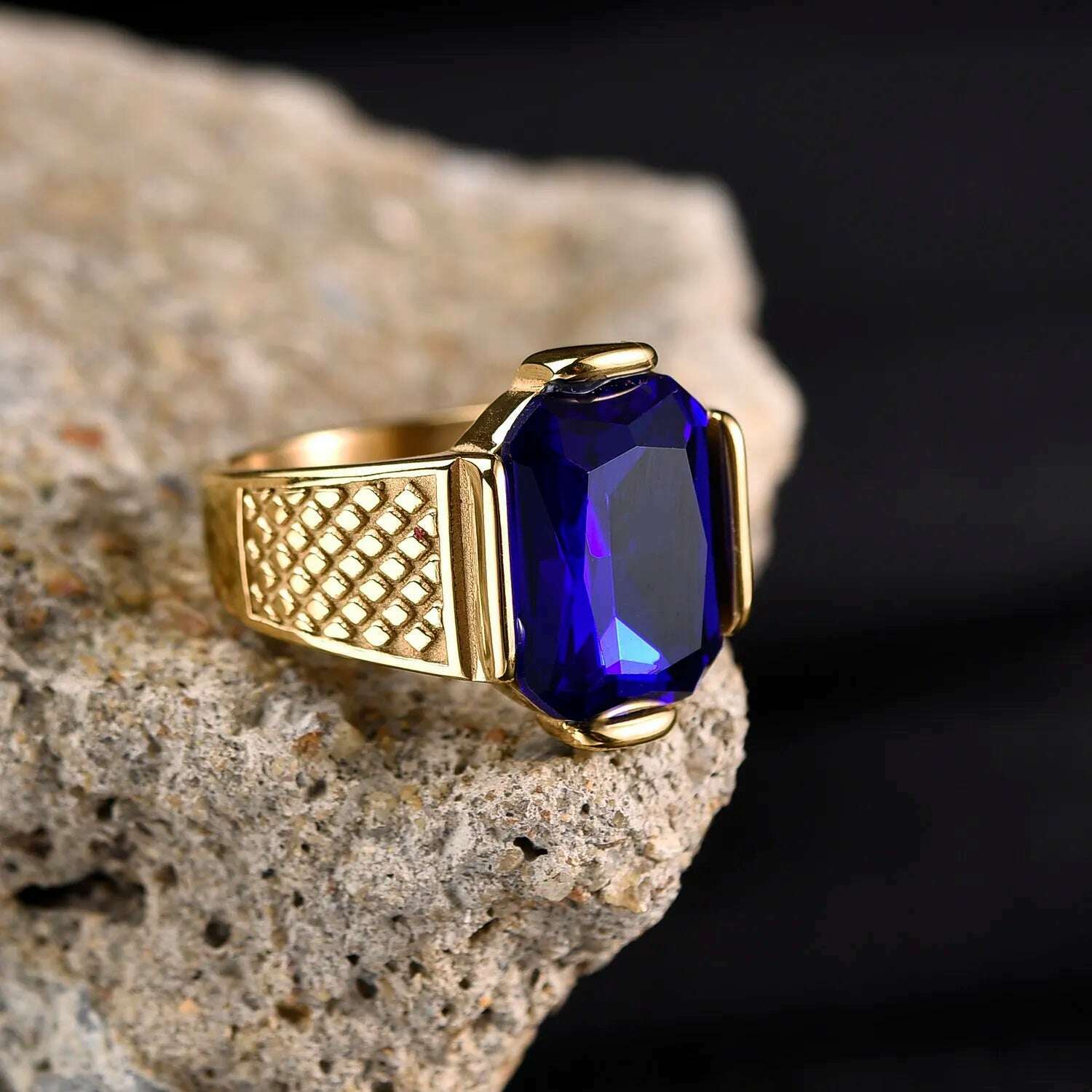 Men's High Quality Vintage Stainless Steel Gemstone Styles 18K Gold Plated Ring Jewelry Professional Factory Made, Blue / 8, KIMLUD Women's Clothes