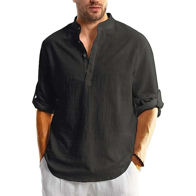 KIMLUD, Men's Linen Button Down Shirt Long Sleeve Casual Button Up Beach Summer Shirts Banded Collar Shirts, KIMLUD Womens Clothes