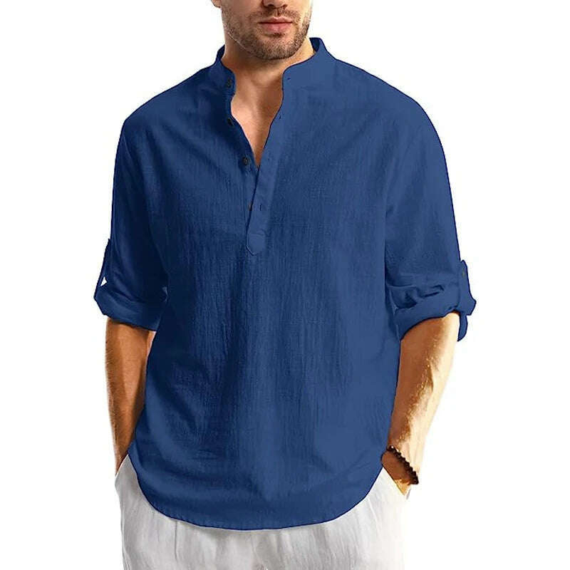KIMLUD, Men's Linen Button Down Shirt Long Sleeve Casual Button Up Beach Summer Shirts Banded Collar Shirts, KIMLUD Womens Clothes