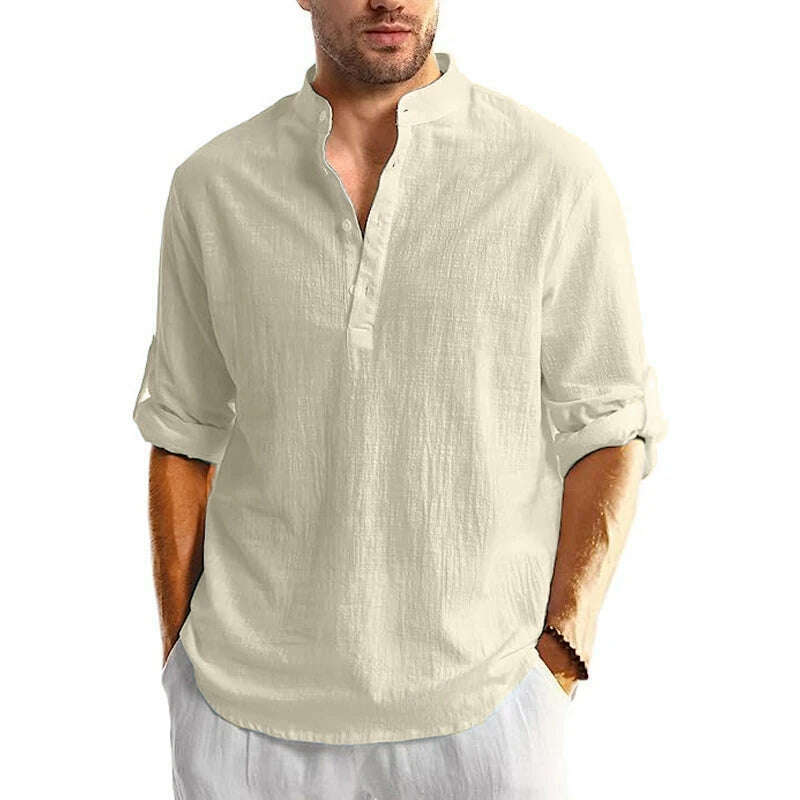 KIMLUD, Men's Linen Button Down Shirt Long Sleeve Casual Button Up Beach Summer Shirts Banded Collar Shirts, Light Khaki / XXXL, KIMLUD APPAREL - Womens Clothes