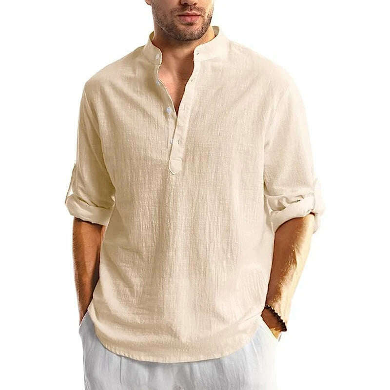 KIMLUD, Men's Linen Button Down Shirt Long Sleeve Casual Button Up Beach Summer Shirts Banded Collar Shirts, Dark Khaki / XXXL, KIMLUD APPAREL - Womens Clothes