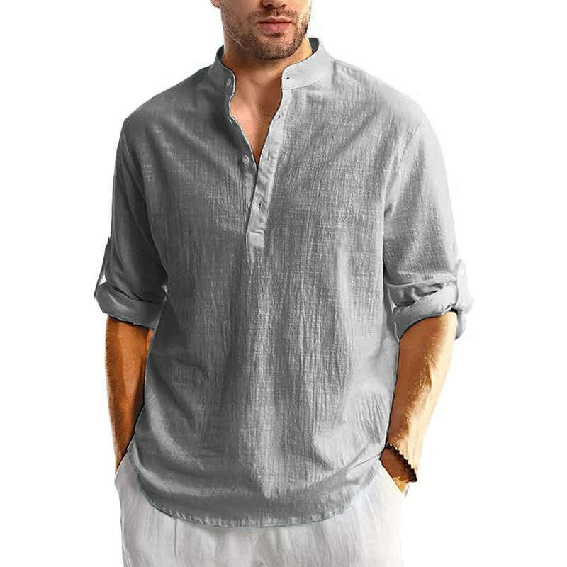 KIMLUD, Men's Linen Button Down Shirt Long Sleeve Casual Button Up Beach Summer Shirts Banded Collar Shirts, Gray / XXXL, KIMLUD APPAREL - Womens Clothes