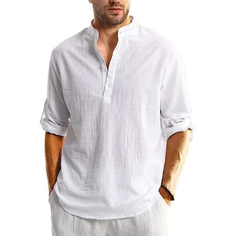 KIMLUD, Men's Linen Button Down Shirt Long Sleeve Casual Button Up Beach Summer Shirts Banded Collar Shirts, KIMLUD Womens Clothes