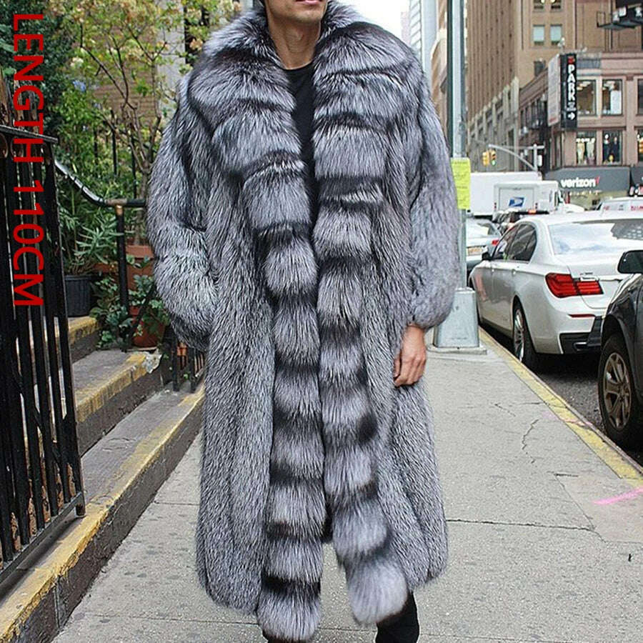 KIMLUD, Men's Natural Fox Fur Coat Real Silver Fox Fur Large Collar Best Selling Men's Long Real Fur Coat 2023, 12 / M-BUST-110CM, KIMLUD Women's Clothes