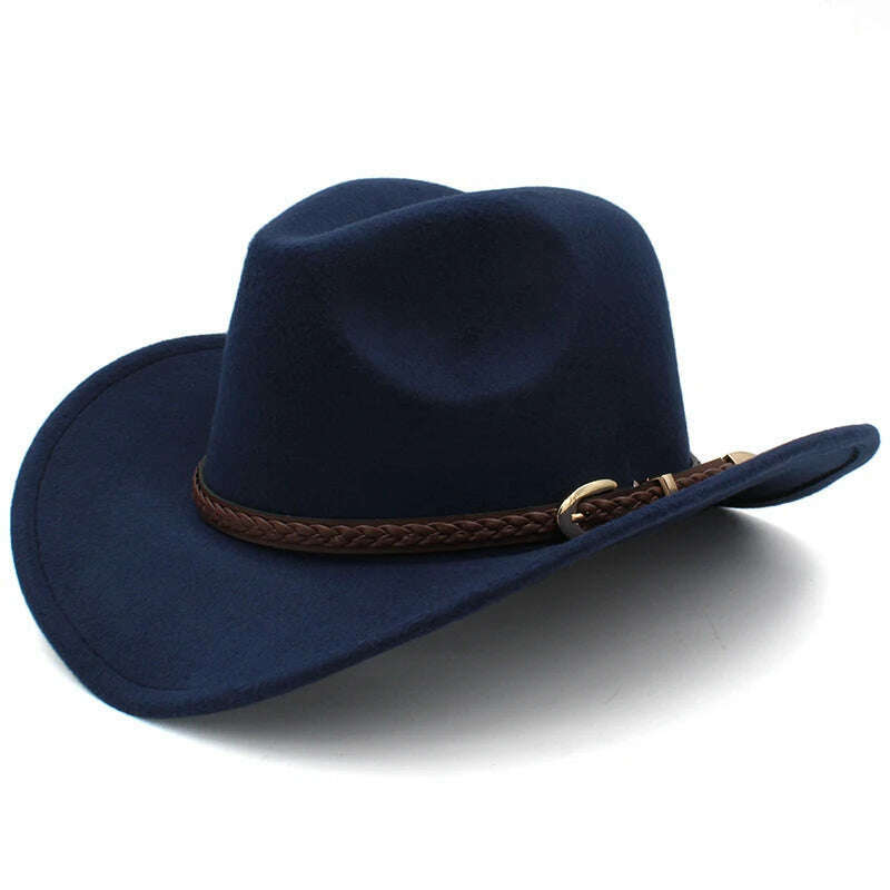 KIMLUD, Men's Outdoor Woolen Hat, European And American Cowboy Top Hat, Sun Shading Hat, Women's Summer Curled Brim Big Brim Hat, DEEP BLUE / 57, KIMLUD Womens Clothes