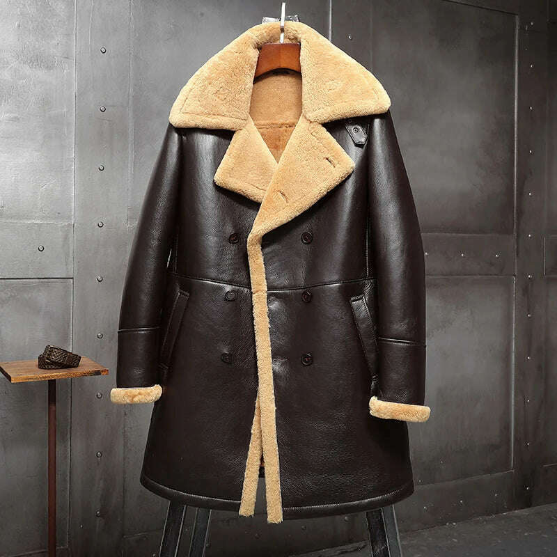KIMLUD, Men's Plus size Fur Shearling Sheepskin Genuine Leather Long Coat Males Thick Winter Warm Handmade Aviator Coat Outerwear Jacket, Burgundy / M, KIMLUD Women's Clothes