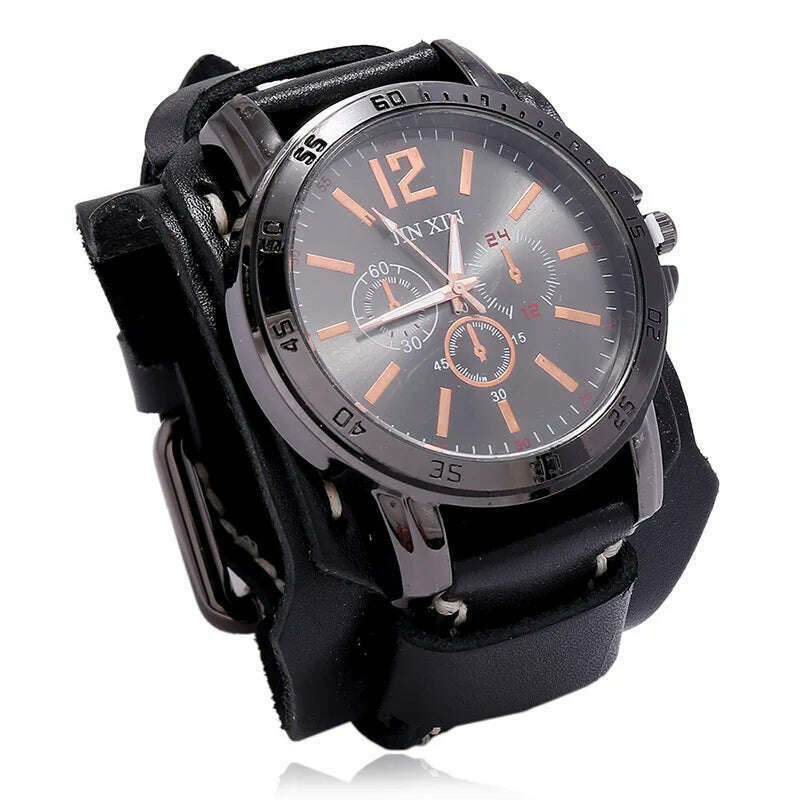 KIMLUD, Mens Quartz Watches Jessingshow Luxury Wristwatch 2023 Cowhide Watchband Punk Style Watch for Men Wide Genuine Leather Bracelets, Black 1, KIMLUD Women's Clothes