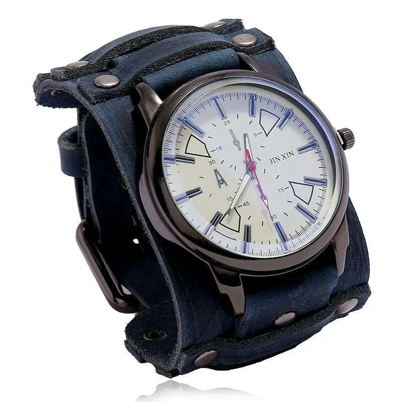 KIMLUD, Mens Quartz Watches Jessingshow Luxury Wristwatch 2023 Cowhide Watchband Punk Style Watch for Men Wide Genuine Leather Bracelets, Retro Blue 3, KIMLUD Womens Clothes