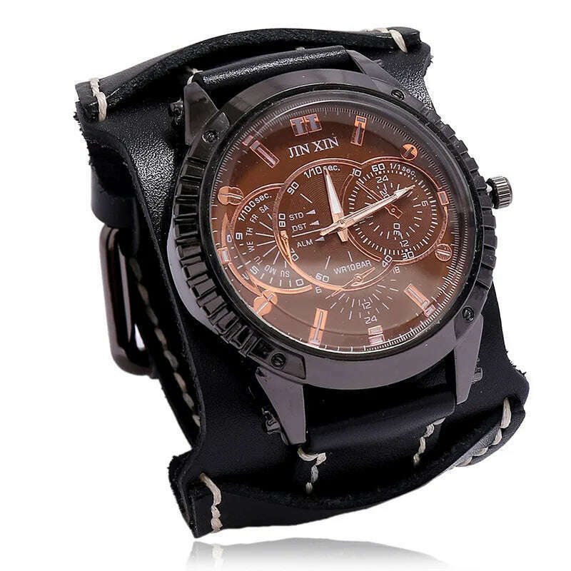 KIMLUD, Mens Quartz Watches Jessingshow Luxury Wristwatch 2023 Cowhide Watchband Punk Style Watch for Men Wide Genuine Leather Bracelets, Black 2, KIMLUD Women's Clothes