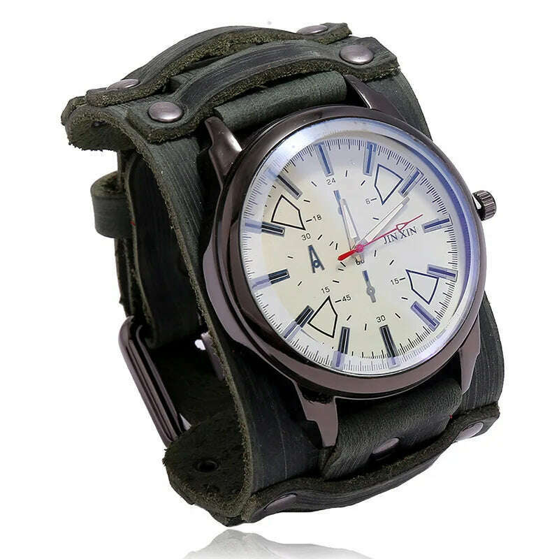 KIMLUD, Mens Quartz Watches Jessingshow Luxury Wristwatch 2023 Cowhide Watchband Punk Style Watch for Men Wide Genuine Leather Bracelets, Retro Green 3, KIMLUD Women's Clothes