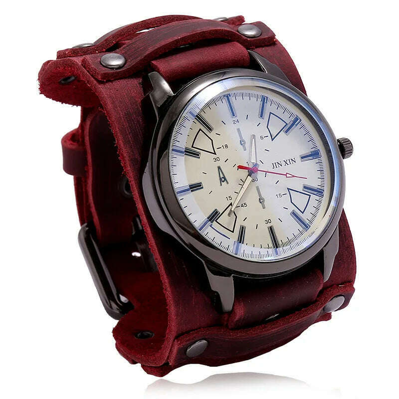 KIMLUD, Mens Quartz Watches Jessingshow Luxury Wristwatch 2023 Cowhide Watchband Punk Style Watch for Men Wide Genuine Leather Bracelets, Retro Red 3, KIMLUD Women's Clothes