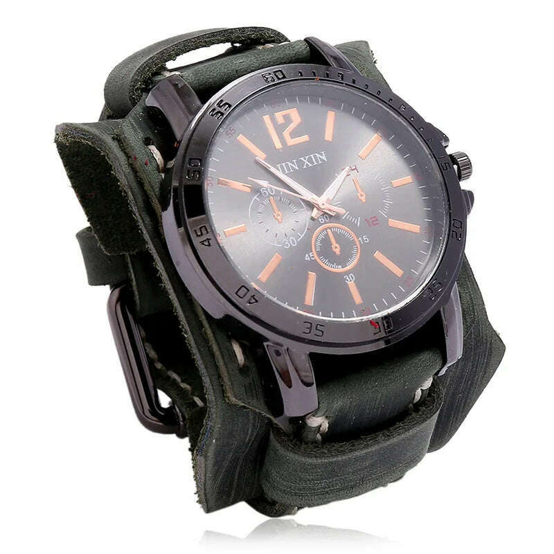 KIMLUD, Mens Quartz Watches Jessingshow Luxury Wristwatch 2023 Cowhide Watchband Punk Style Watch for Men Wide Genuine Leather Bracelets, Retro Green 1, KIMLUD Women's Clothes