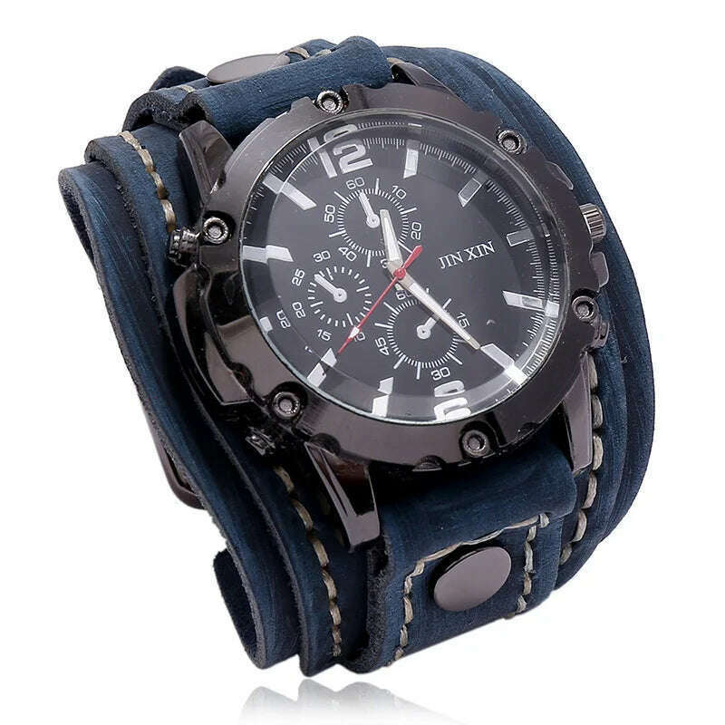 KIMLUD, Mens Quartz Watches Jessingshow Luxury Wristwatch 2023 Cowhide Watchband Punk Style Watch for Men Wide Genuine Leather Bracelets, Retro Blue, KIMLUD Women's Clothes