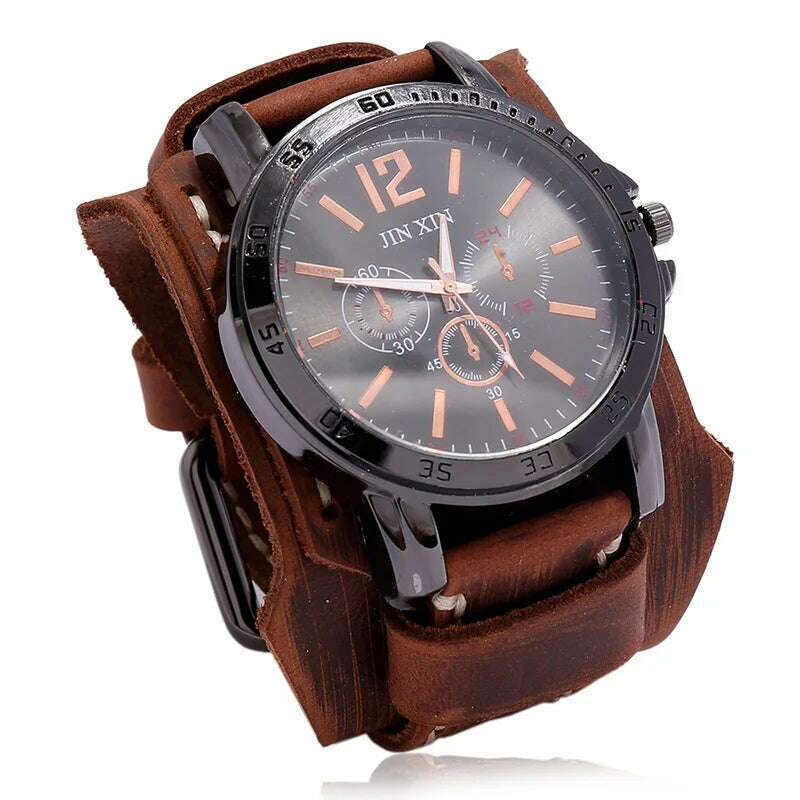 KIMLUD, Mens Quartz Watches Jessingshow Luxury Wristwatch 2023 Cowhide Watchband Punk Style Watch for Men Wide Genuine Leather Bracelets, Retro Brown 1, KIMLUD Womens Clothes