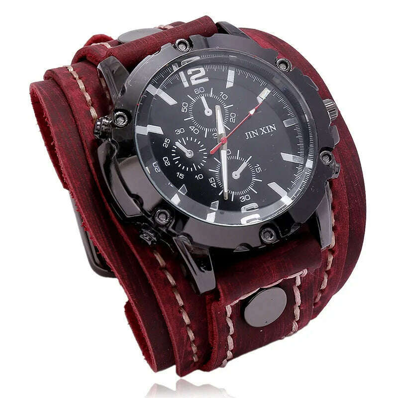 KIMLUD, Mens Quartz Watches Jessingshow Luxury Wristwatch 2023 Cowhide Watchband Punk Style Watch for Men Wide Genuine Leather Bracelets, Retro Red, KIMLUD Women's Clothes