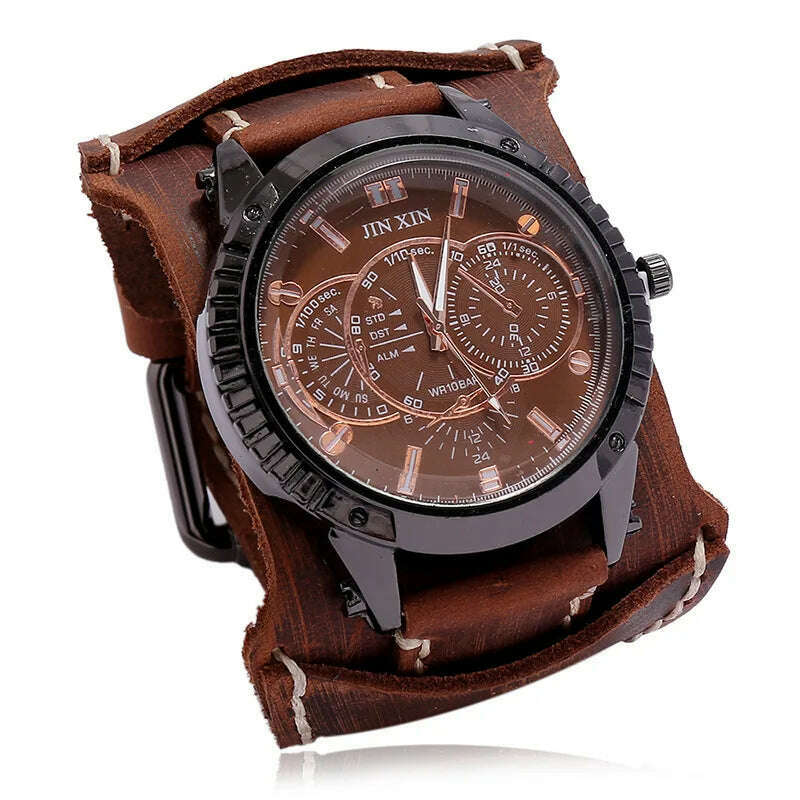 KIMLUD, Mens Quartz Watches Jessingshow Luxury Wristwatch 2023 Cowhide Watchband Punk Style Watch for Men Wide Genuine Leather Bracelets, Retro Brown 2, KIMLUD Womens Clothes