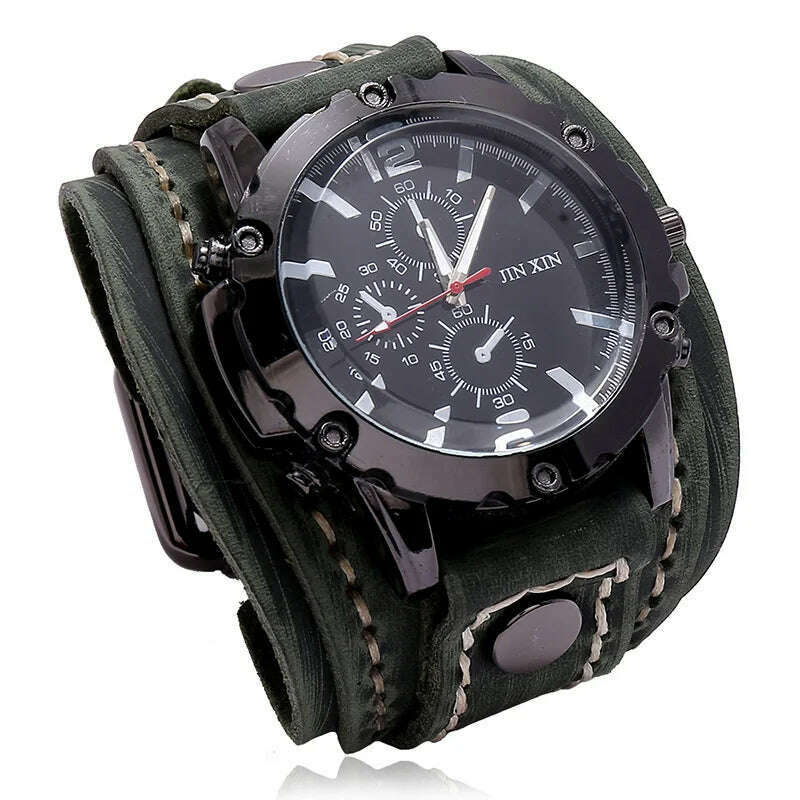 KIMLUD, Mens Quartz Watches Jessingshow Luxury Wristwatch 2023 Cowhide Watchband Punk Style Watch for Men Wide Genuine Leather Bracelets, Retro Green, KIMLUD Women's Clothes