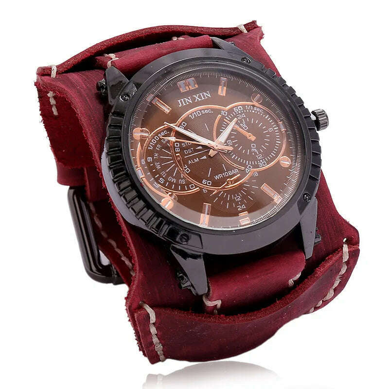 KIMLUD, Mens Quartz Watches Jessingshow Luxury Wristwatch 2023 Cowhide Watchband Punk Style Watch for Men Wide Genuine Leather Bracelets, Retro Red 2, KIMLUD Women's Clothes