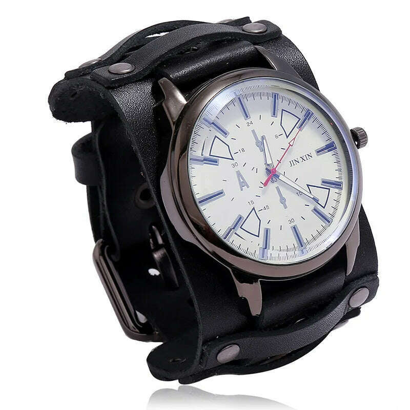 KIMLUD, Mens Quartz Watches Jessingshow Luxury Wristwatch 2023 Cowhide Watchband Punk Style Watch for Men Wide Genuine Leather Bracelets, Black 3, KIMLUD Women's Clothes