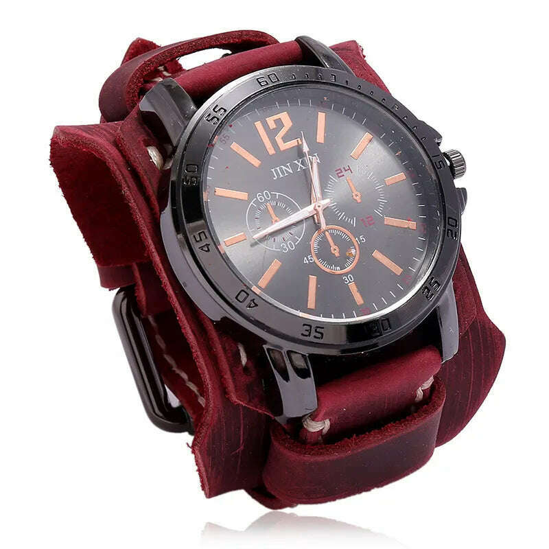KIMLUD, Mens Quartz Watches Jessingshow Luxury Wristwatch 2023 Cowhide Watchband Punk Style Watch for Men Wide Genuine Leather Bracelets, Retro Red 1, KIMLUD Women's Clothes