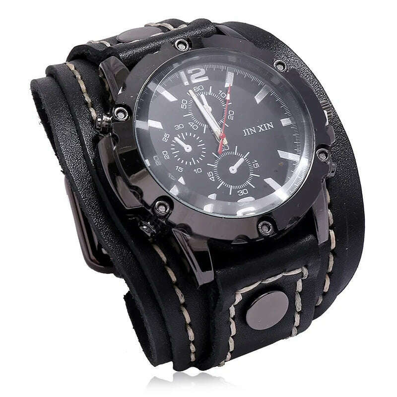 KIMLUD, Mens Quartz Watches Jessingshow Luxury Wristwatch 2023 Cowhide Watchband Punk Style Watch for Men Wide Genuine Leather Bracelets, Black, KIMLUD Women's Clothes