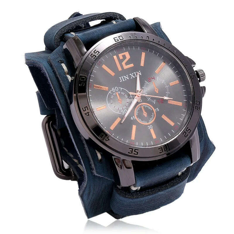 KIMLUD, Mens Quartz Watches Jessingshow Luxury Wristwatch 2023 Cowhide Watchband Punk Style Watch for Men Wide Genuine Leather Bracelets, Retro Blue 1, KIMLUD Women's Clothes