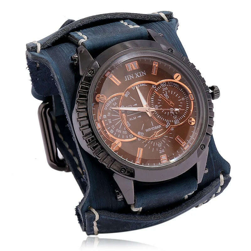 KIMLUD, Mens Quartz Watches Jessingshow Luxury Wristwatch 2023 Cowhide Watchband Punk Style Watch for Men Wide Genuine Leather Bracelets, Retro Blue 2, KIMLUD Women's Clothes