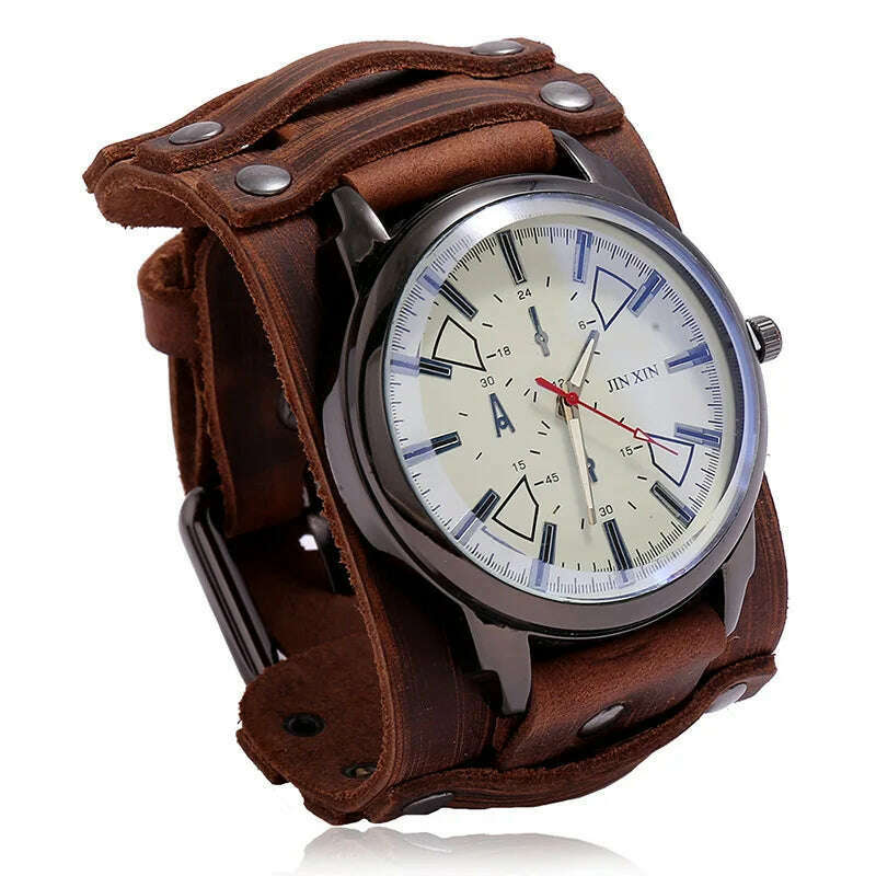 KIMLUD, Mens Quartz Watches Jessingshow Luxury Wristwatch 2023 Cowhide Watchband Punk Style Watch for Men Wide Genuine Leather Bracelets, Retro Brown 3, KIMLUD Women's Clothes