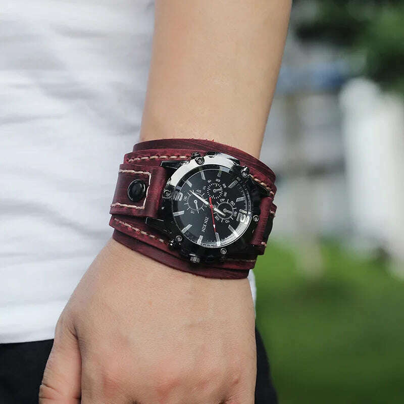 KIMLUD, Mens Quartz Watches Jessingshow Luxury Wristwatch 2023 Cowhide Watchband Punk Style Watch for Men Wide Genuine Leather Bracelets, KIMLUD Womens Clothes