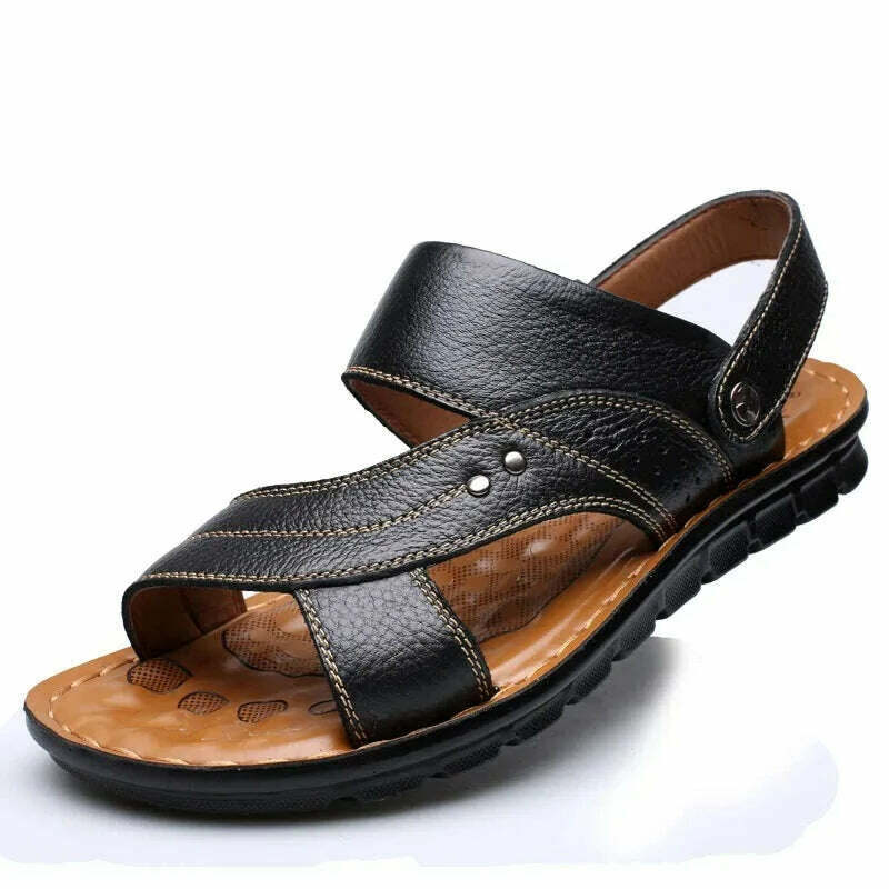 KIMLUD, Men's Summer New Men's Sandals Men's Leather Beach Shoes Casual Men's Shoes Fashion Slippers Stripe Sandals Rubber  Mens Shoes, black / 38, KIMLUD Womens Clothes