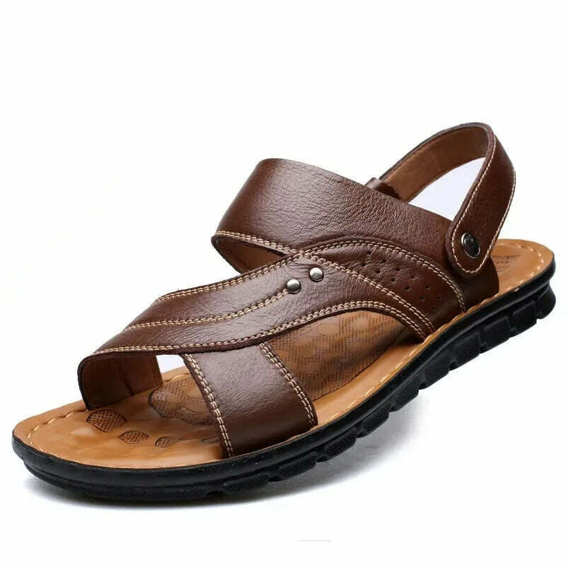 KIMLUD, Men's Summer New Men's Sandals Men's Leather Beach Shoes Casual Men's Shoes Fashion Slippers Stripe Sandals Rubber  Mens Shoes, brown / 38, KIMLUD Womens Clothes