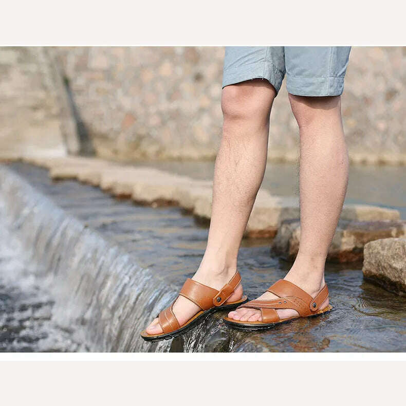 Men's Summer New Men's Sandals Men's Leather Beach Shoes Casual Men's Shoes Fashion Slippers Stripe Sandals Rubber Mens Shoes - KIMLUD